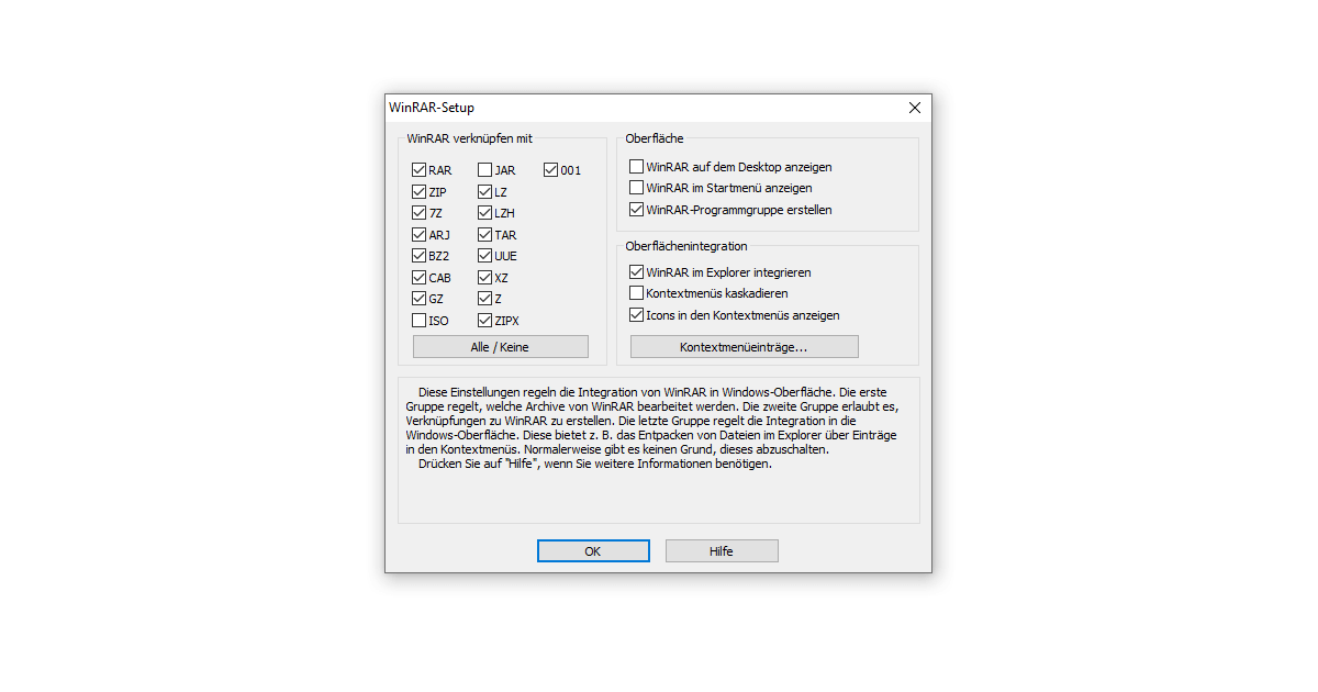 Your default selection after WinRAR download for Windows 10