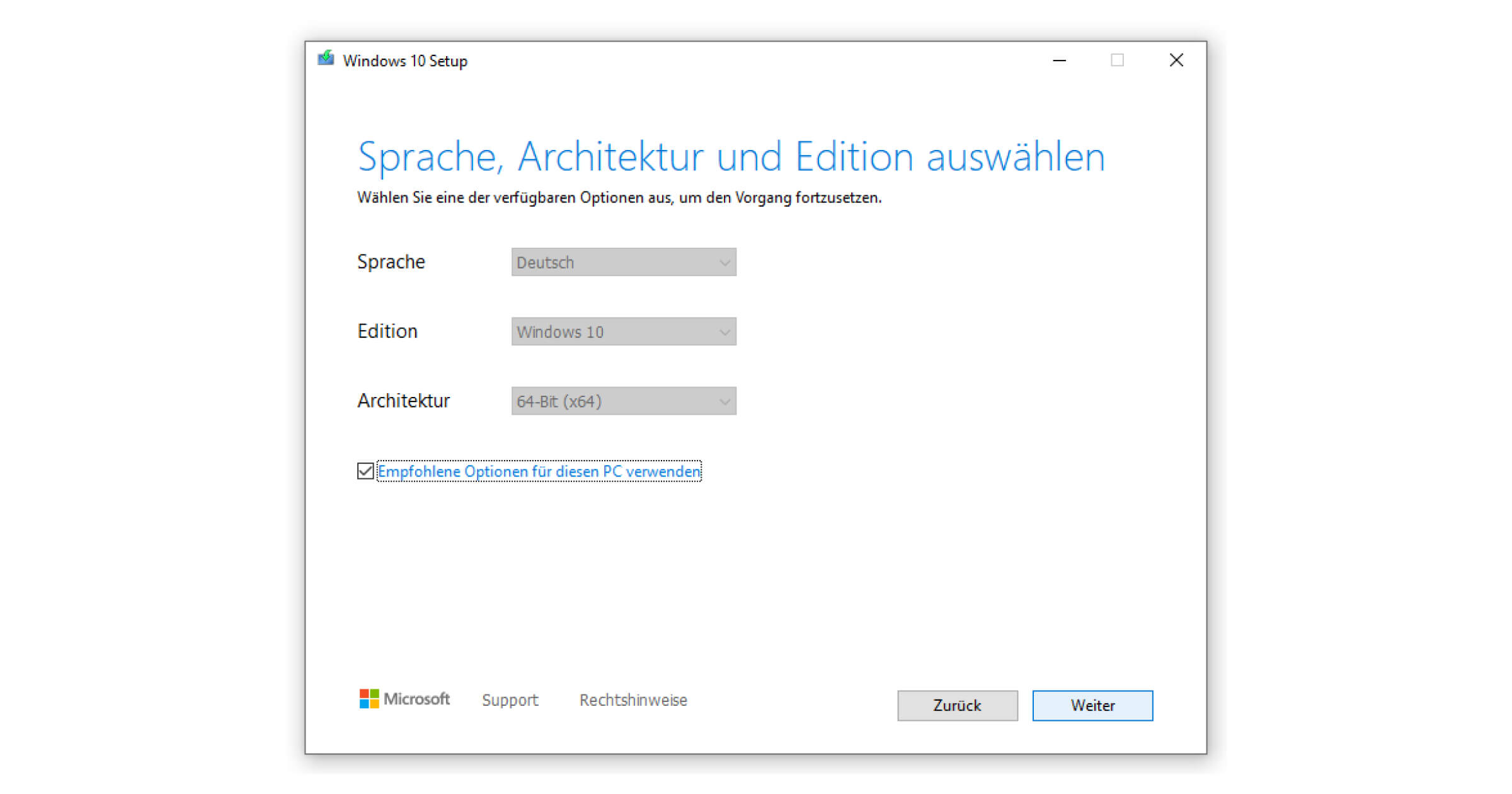 Windows 7 auf Windows 10 upgraden und Sprache, Architektur plus Edition festlegen