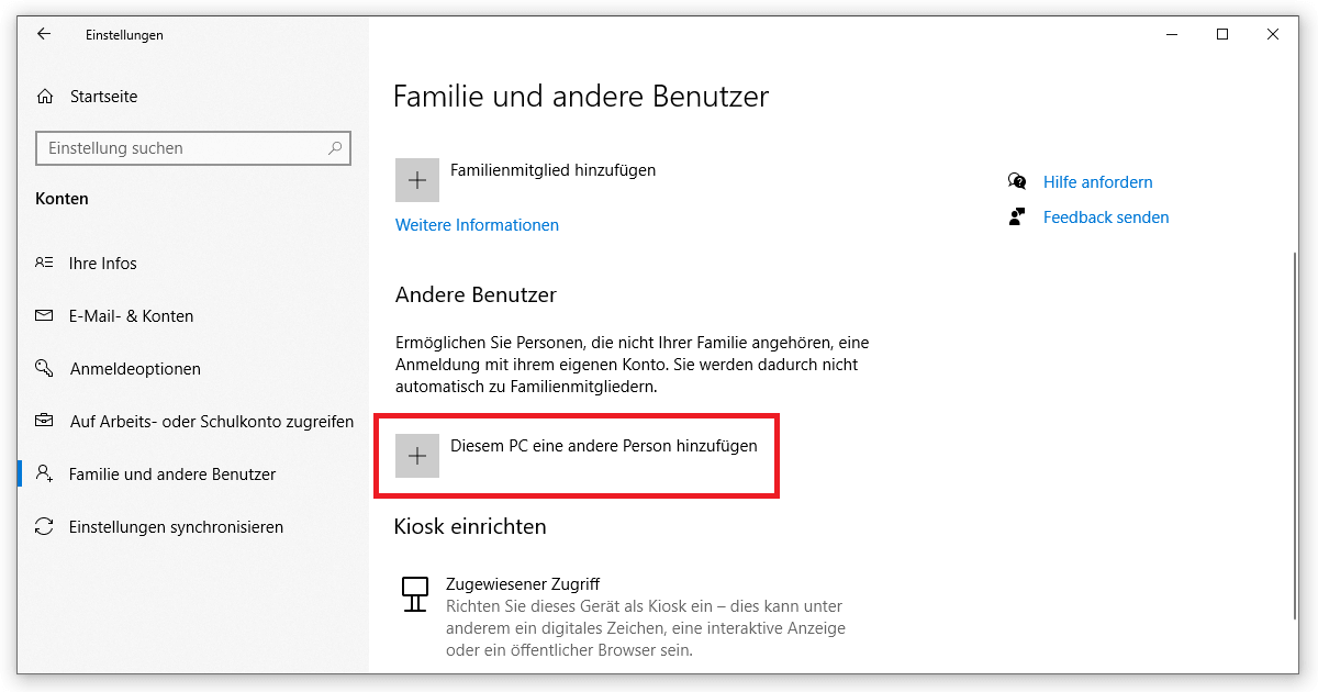 Do not choose a family member, but create a new user in Windows 10