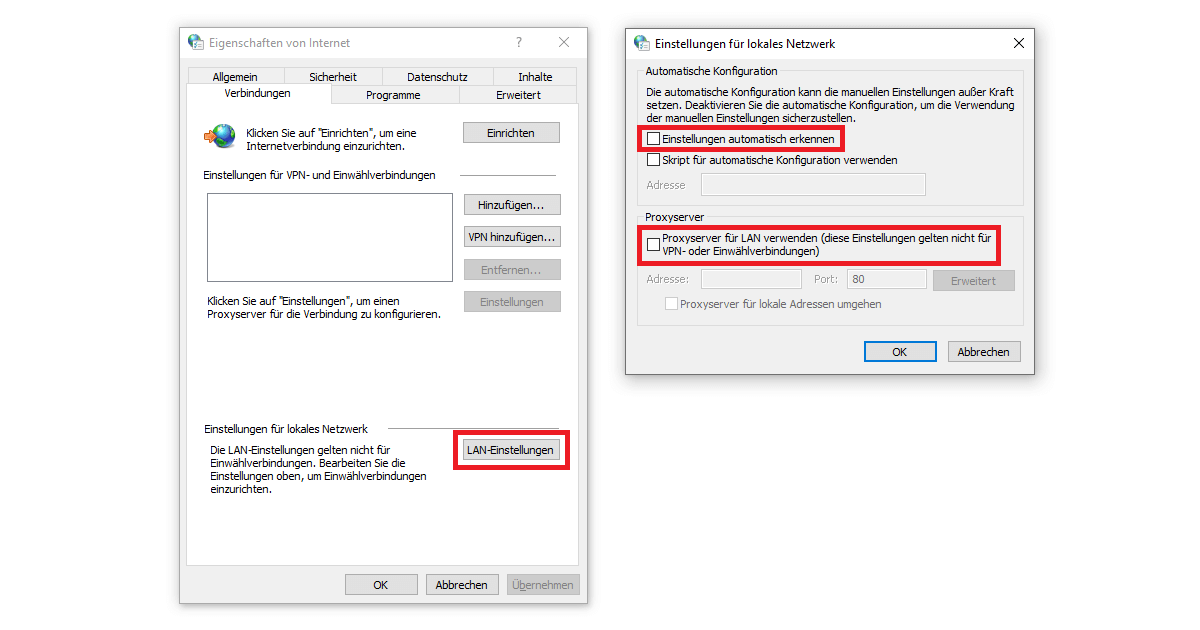 Change the proxy server settings in case of a Windows 10 update error