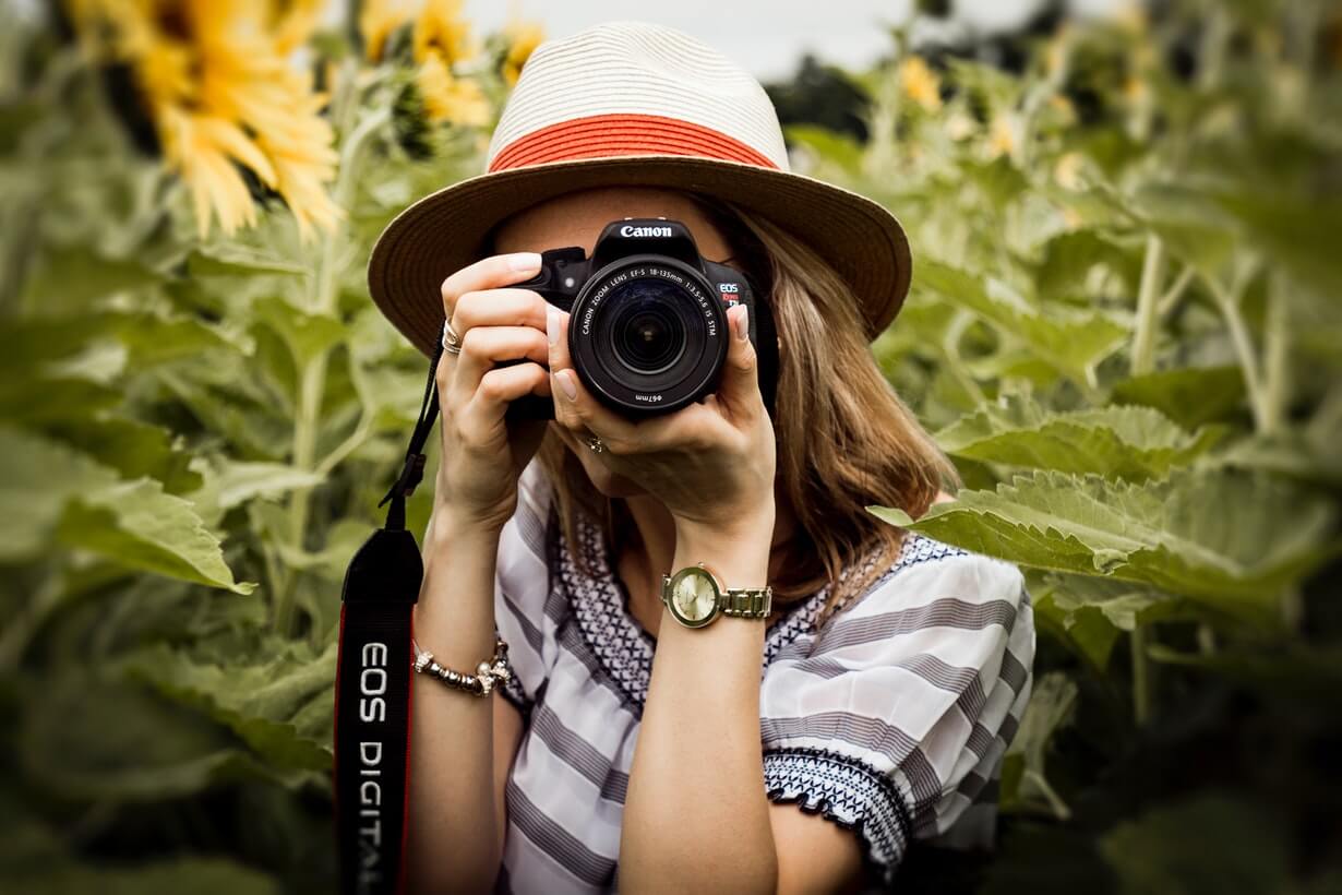 Woman with camera between sunflowers