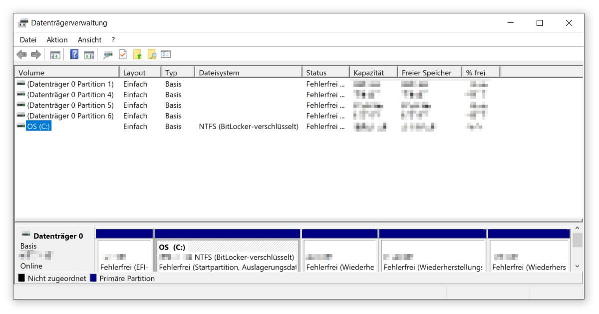 Enlarge a partition in Windows 10 Disk Management