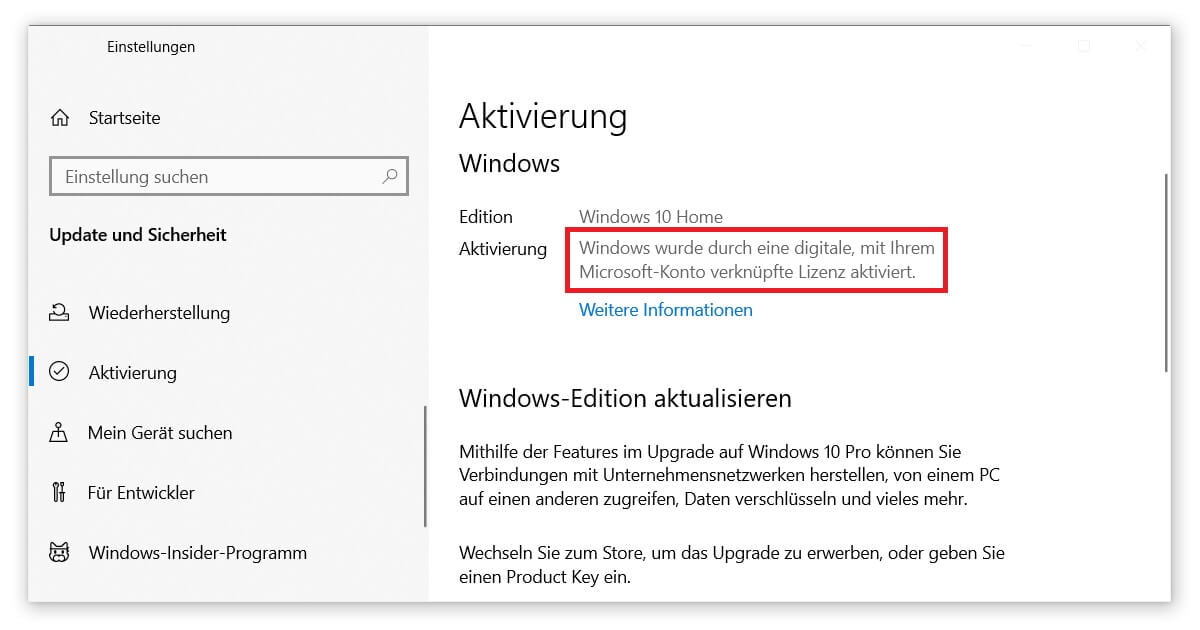 Upgrade Windows 10 Home to Windows 10 Pro thanks to digital license