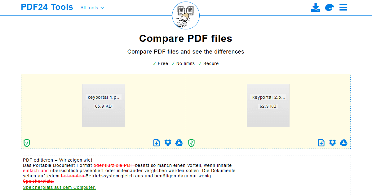With PDF24 you can immediately see all the differences of the texts in comparison