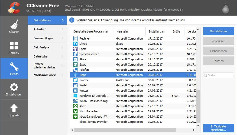 Delete preinstalled apps with CCleaner