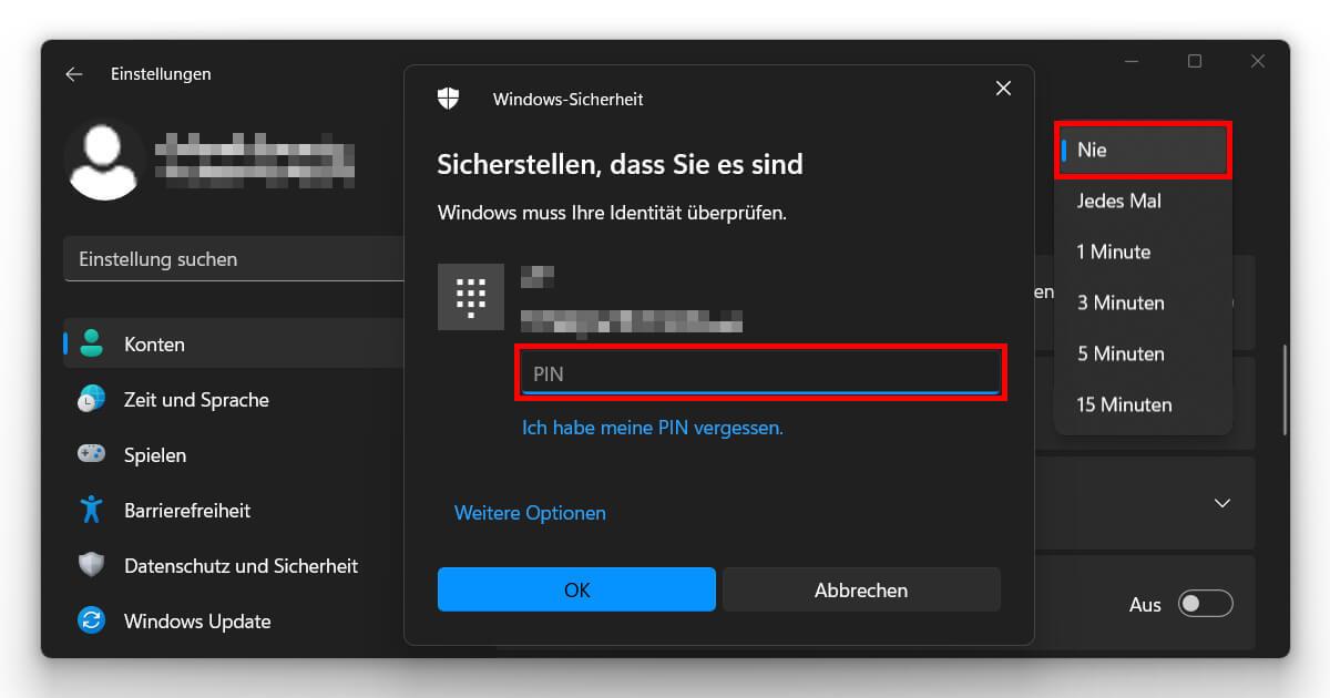 Per Mausklick den Windows 11 PIN entfernen