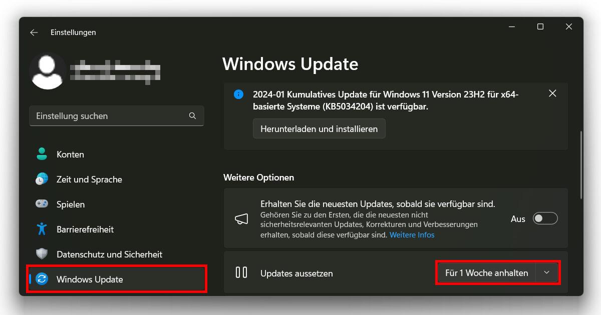 Pausieren und bei Windows 11 automatische Updates deaktivieren