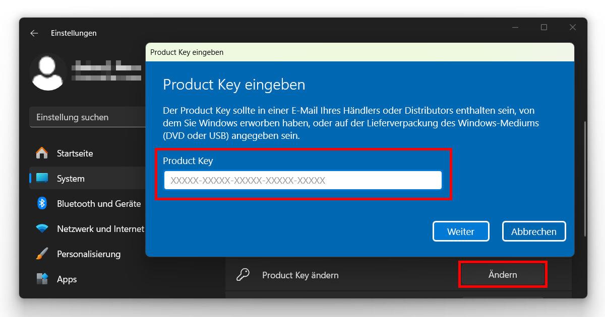 Hier den Windows 11 Pro Upgrade Key eingeben