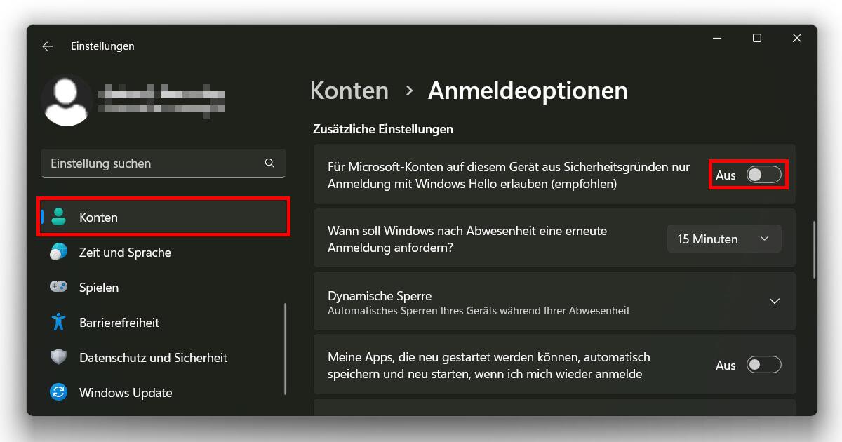 Anleitung, falls das Windows 11 PIN entfernen ausgegraut ist