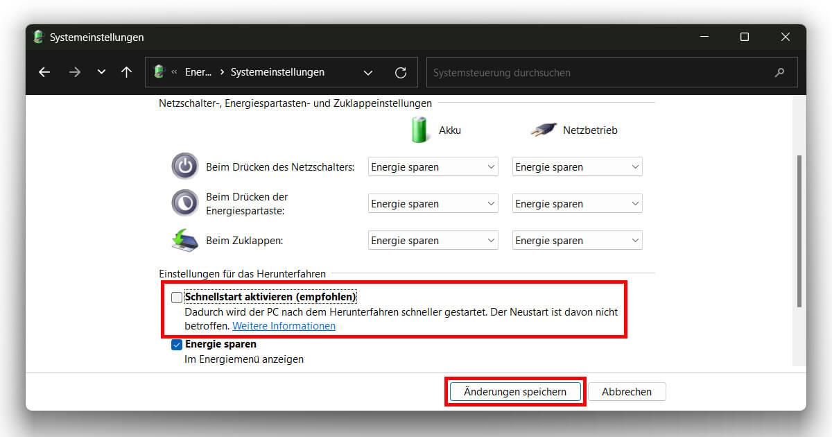 Hier den Windows 11 Schnellstart deaktivieren