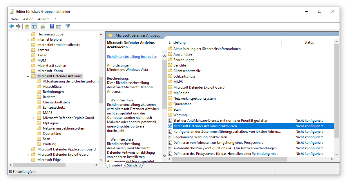 In erweiterten Versionen Windows Defender deaktivieren