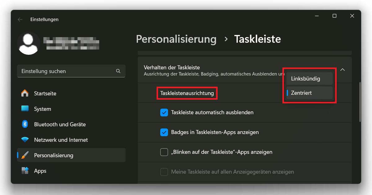 Das Windows 11 Startmenü links anbinden