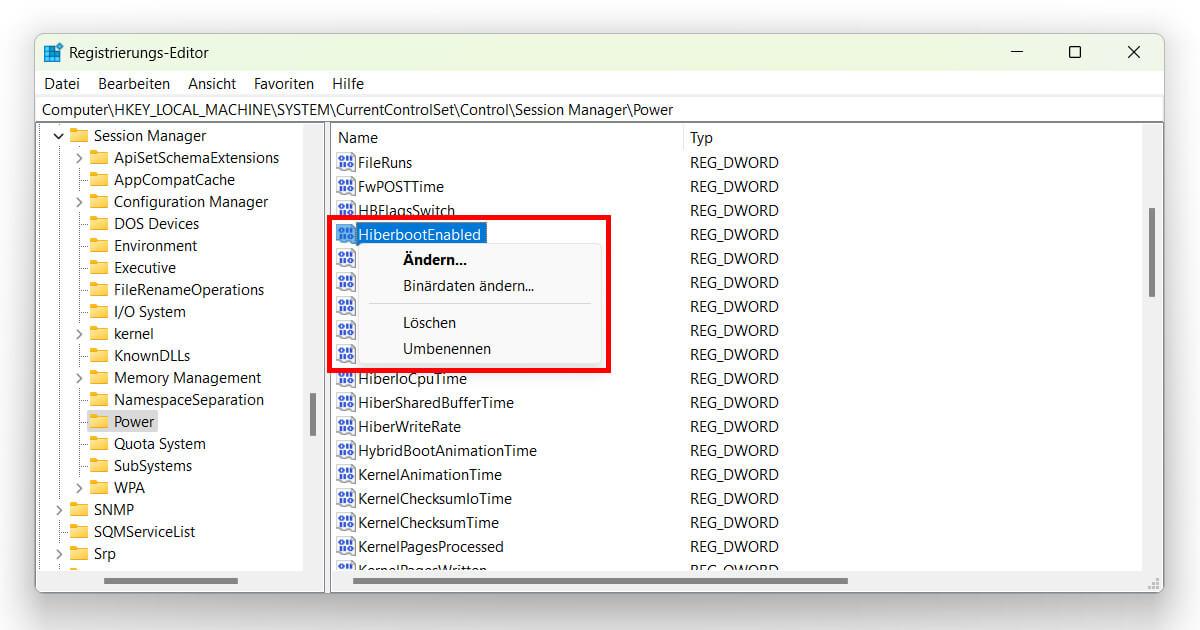 In der Registry Windows 11 Fast Boot deaktivieren