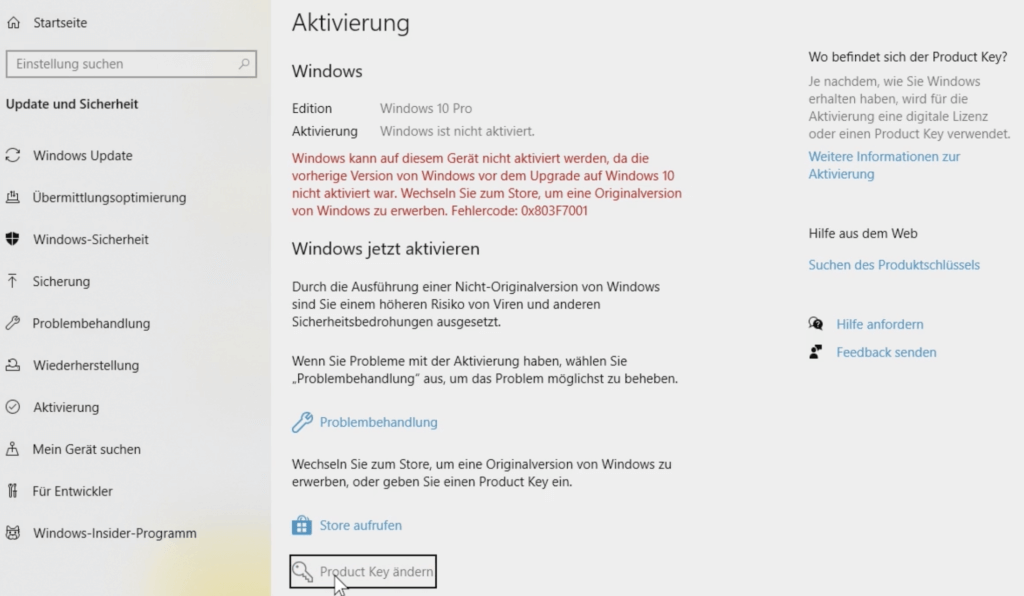 Klicke auf «Produkt Key ändern»